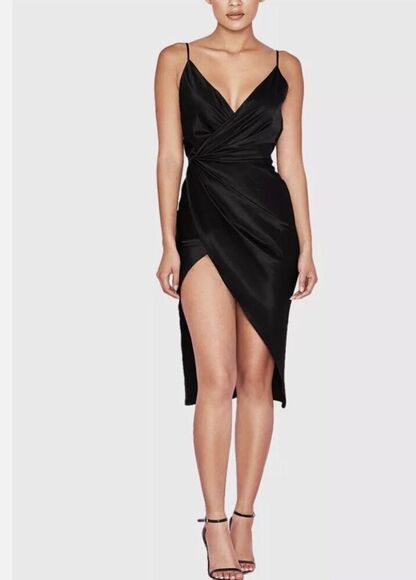 House of CB Coco Black Satin Wrap Slip Dress M Cowl Neck Asym Hem Midi - Picture 2 of 9